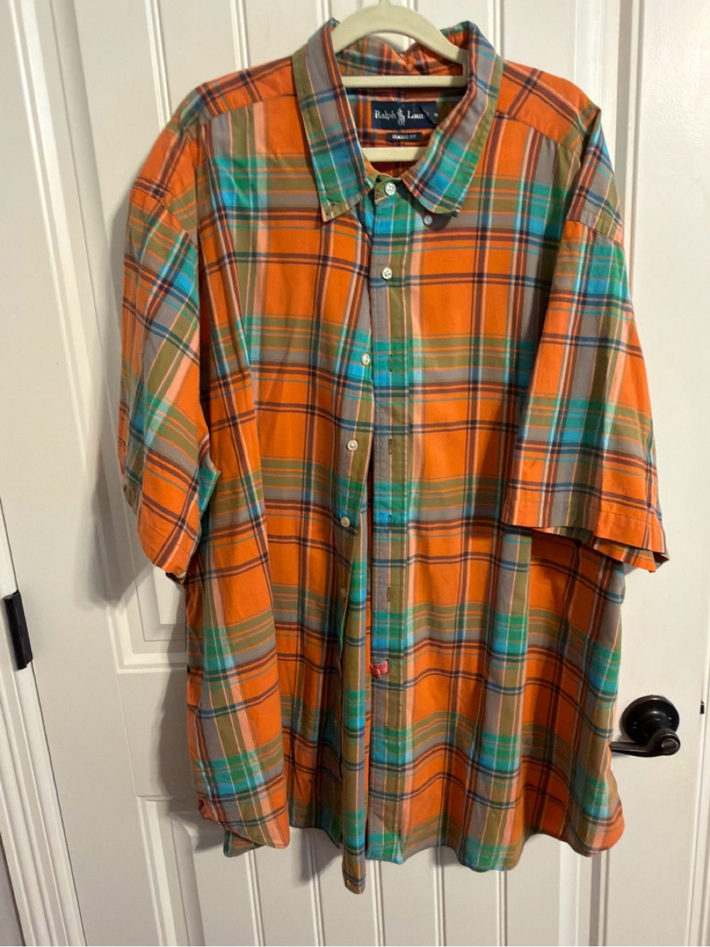 Ralph Lauren Classic Fit Men's Orange Plaid Short Sleeve Button Shirt. Size 3XB